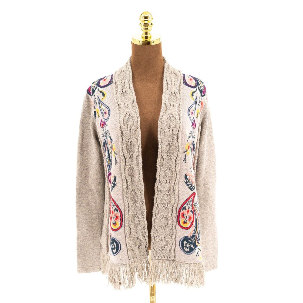 Sleeping On Snow Anthropologie Womens XS Cardigan Sweater Embroidered Fringe